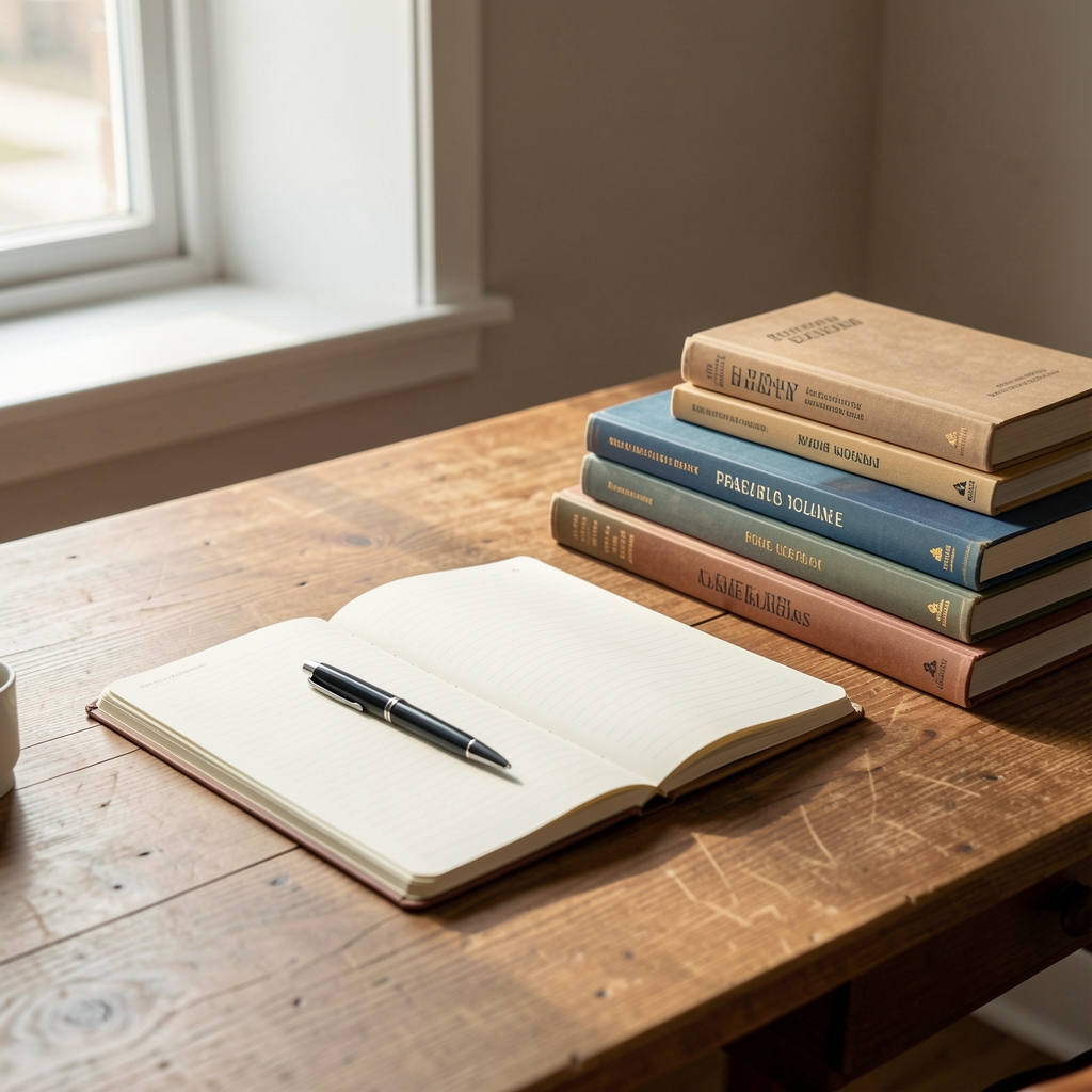 Quiet editorial workspace with open notebook, pen, and reference books stacked on a wooden desk in natural light
