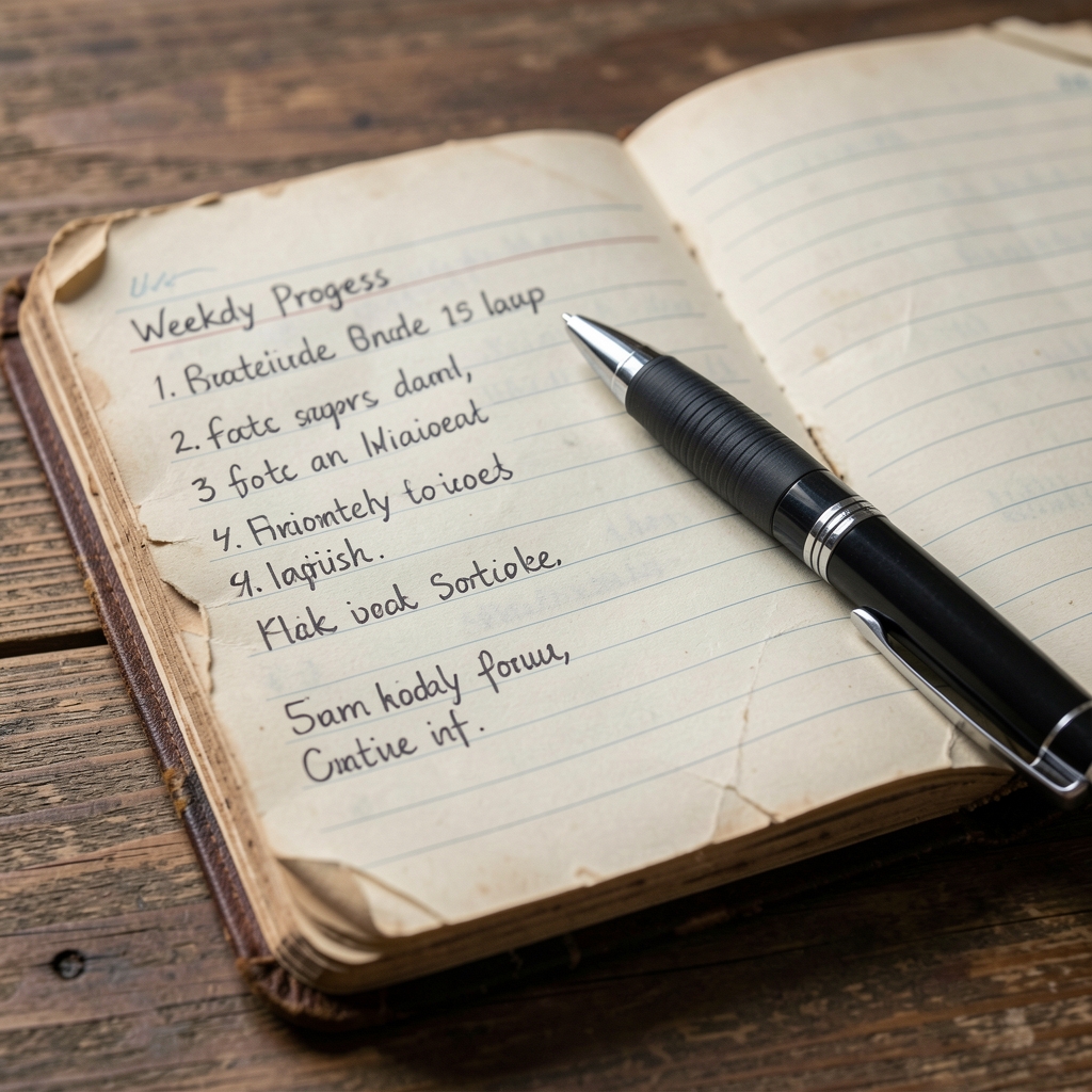 Close-up of a worn fitness journal with handwritten weekly progress entries and a pen resting on an open page