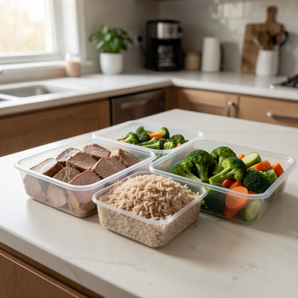 Organised meal prep containers with lean protein, brown rice and steamed vegetables arranged on a clean kitchen counter