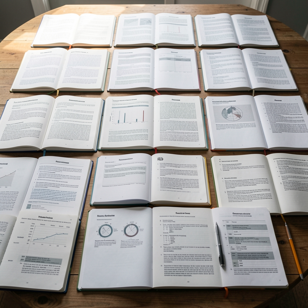 Grid view of multiple open notebooks and printed research summaries laid out on a large flat wooden table representing the breadth of documented wellness domains