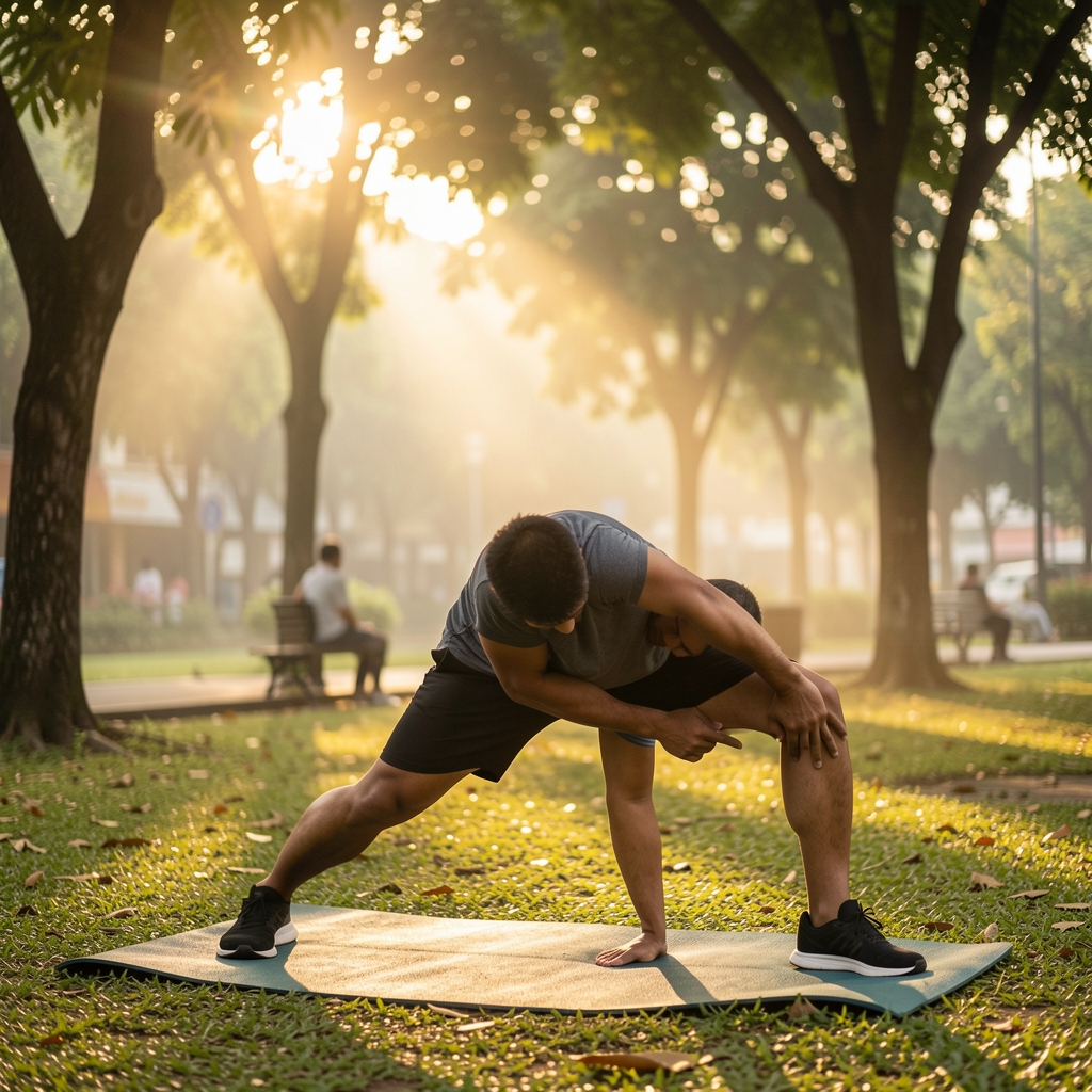 Man performing structured morning calisthenics in an outdoor Jakarta park during early morning with golden sunlight filtering through trees