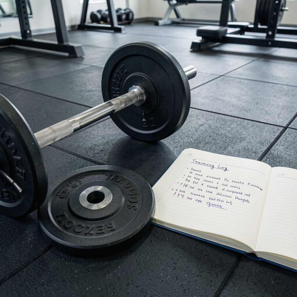 Barbell and weight plates arranged on a gym floor next to an open training log notebook with handwritten progression notes