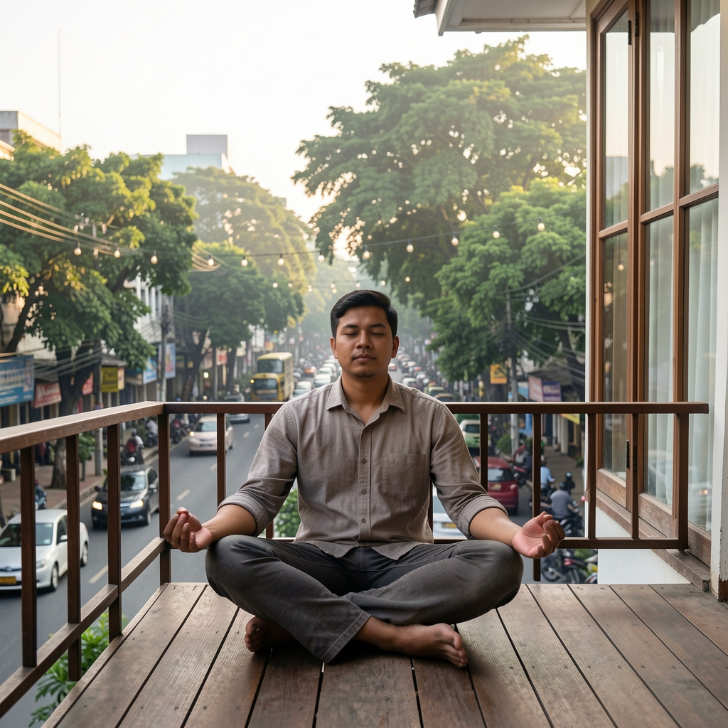 Man meditating in a cross-legged posture on a wooden balcony overlooking a tree-lined Jakarta street during a quiet morning