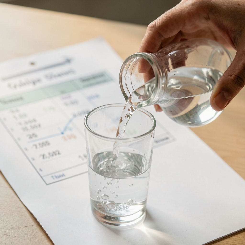 Close-up of hands pouring a measured amount of water from a jug into a glass with a hydration tracking chart visible in background on paper
