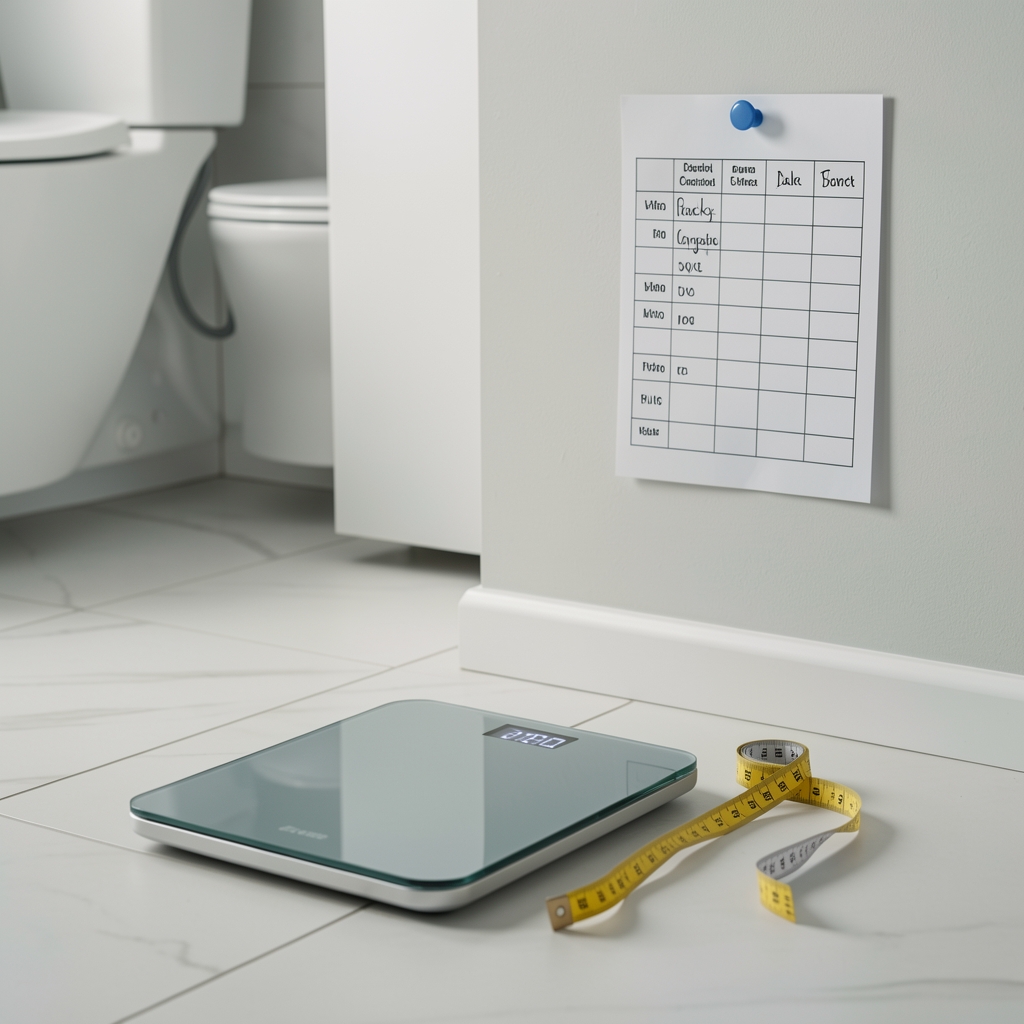 Digital body composition scale and measurement tape on a clean bathroom floor with a handwritten tracking chart pinned to the wall
