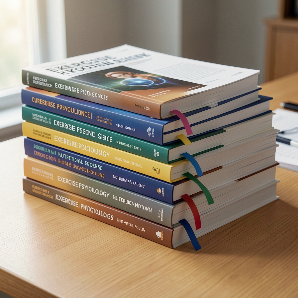 Stack of current research journals on exercise physiology and nutritional science arranged on a desk with bookmarked pages visible