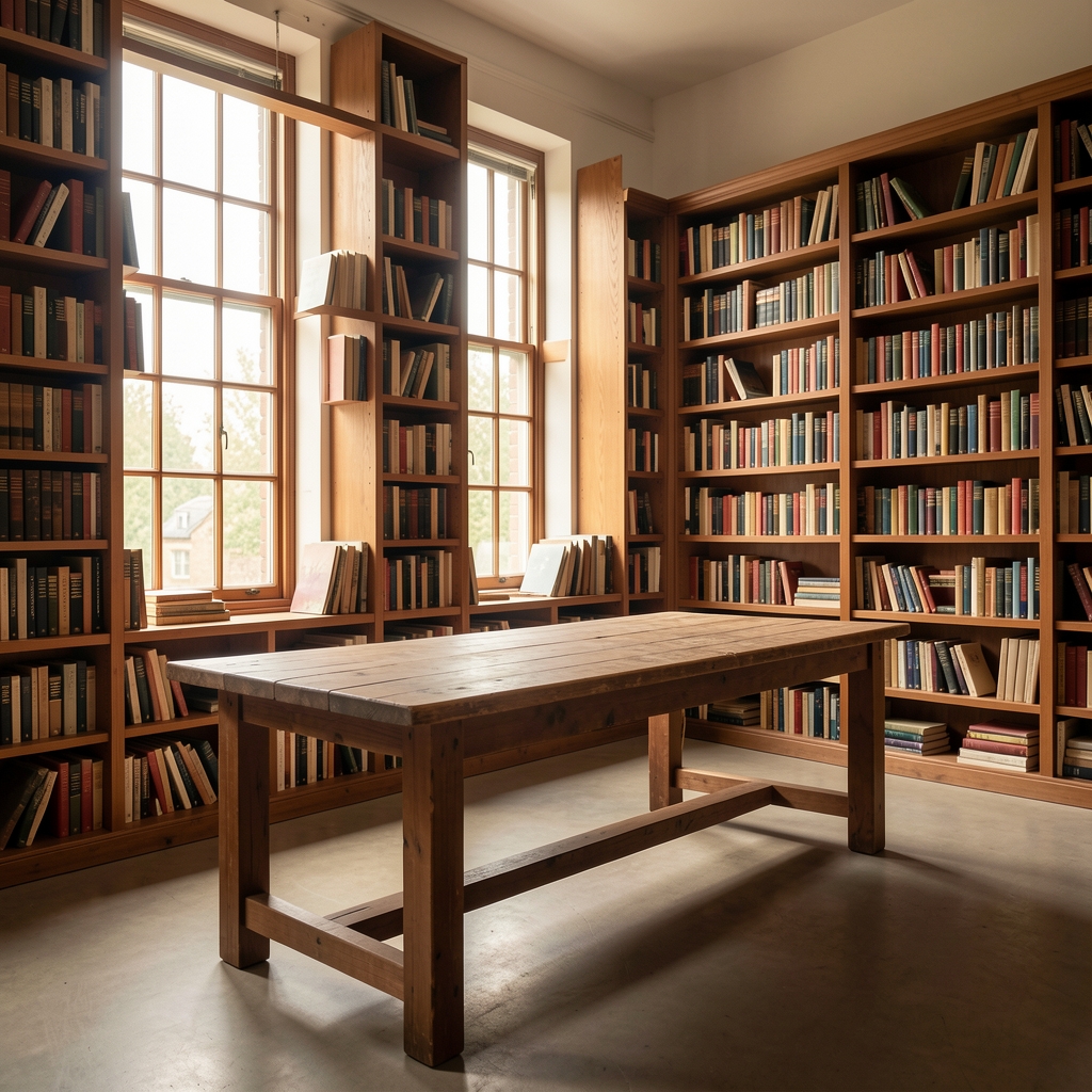 Modern Jakarta editorial studio interior with floor-to-ceiling bookshelves, a large wooden worktable, and warm natural light filtering through tall windows