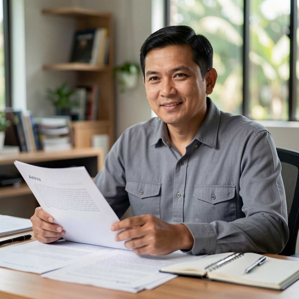 Founder of Arneva seated at a desk reviewing printed research papers and handwritten notes in the original Jakarta studio workspace