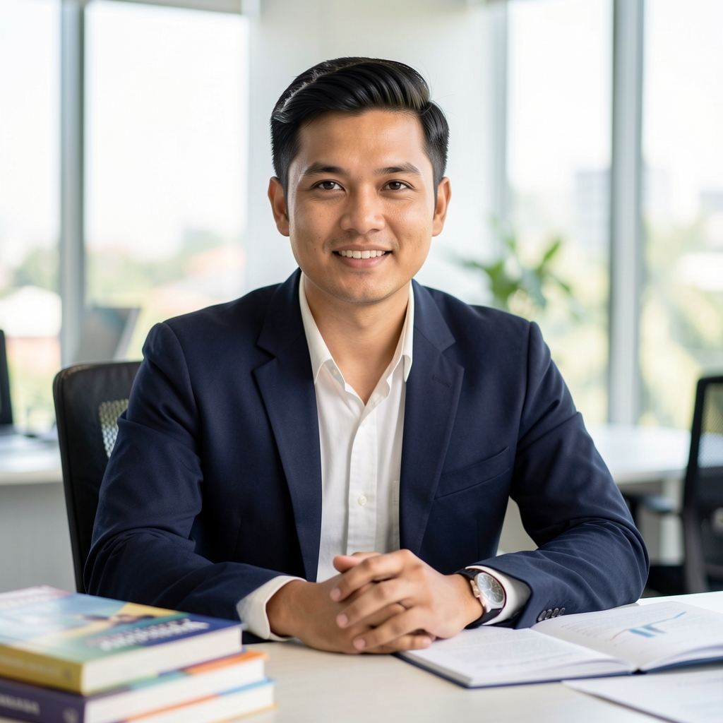 Portrait of a male wellness researcher and writer seated at a desk with books and documents in a well-lit Jakarta office environment