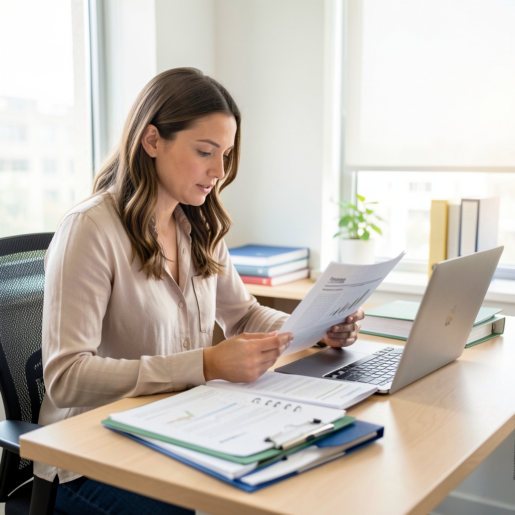 Female qualified nutrition professional reviewing printed research documents at a bright work desk with a laptop and reference folders