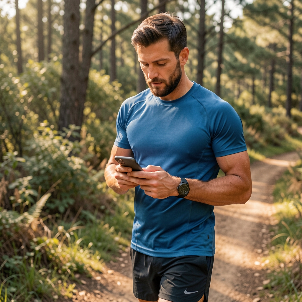 Male sports scientist and active lifestyle writer photographed outdoors in athletic wear reviewing notes on a smartphone during a trail run